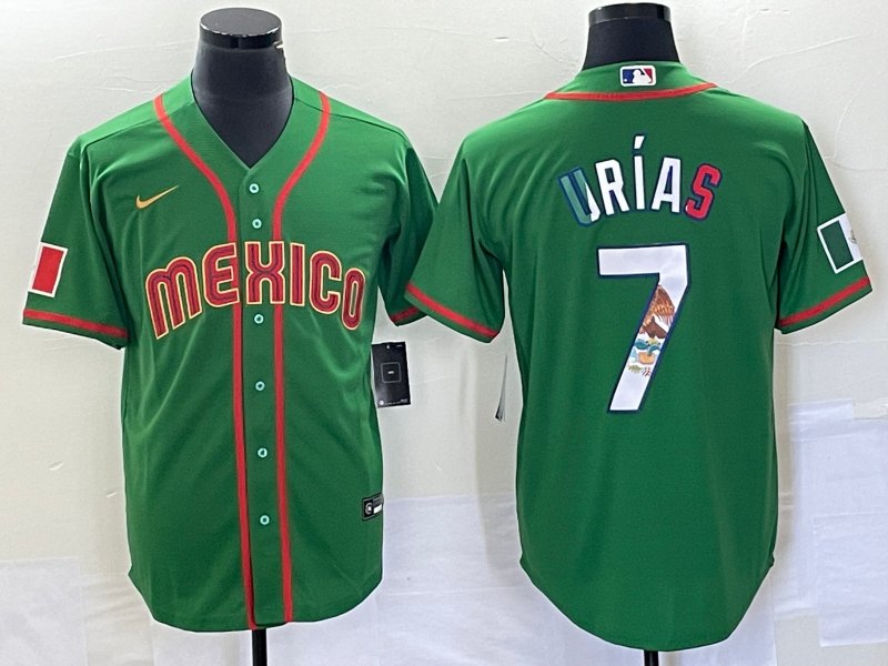 Men's Mexico Baseball #7 Julio Urías 2023 Green World Baseball With Patch Classic Stitched Jersey